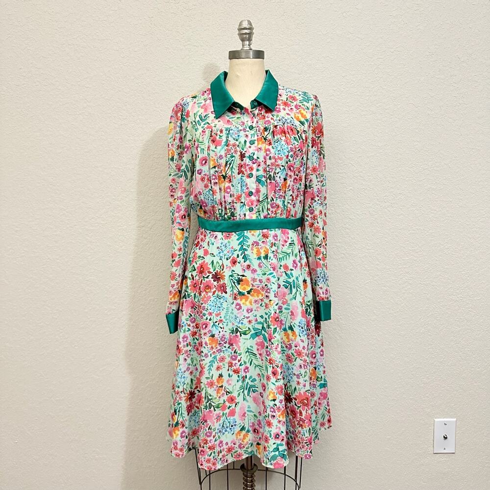 MODCLOTH Shirt Dress Colorful Floral Fit & Flare Long Sleeve Retro 90s